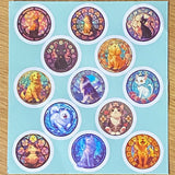 cat and dog cats dogs puppy kitty kittens puppies 32mm round circular stickers sheet sheets stained glass window windows colourful bright uk cute kawaii stationery packaging supplies shops store