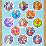 cat and dog cats dogs puppy kitty kittens puppies 32mm round circular stickers sheet sheets stained glass window windows colourful bright uk cute kawaii stationery packaging supplies shops store