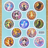 cat and dog cats dogs puppy kitty kittens puppies 32mm round circular stickers sheet sheets stained glass window windows colourful bright uk cute kawaii stationery packaging supplies shops store