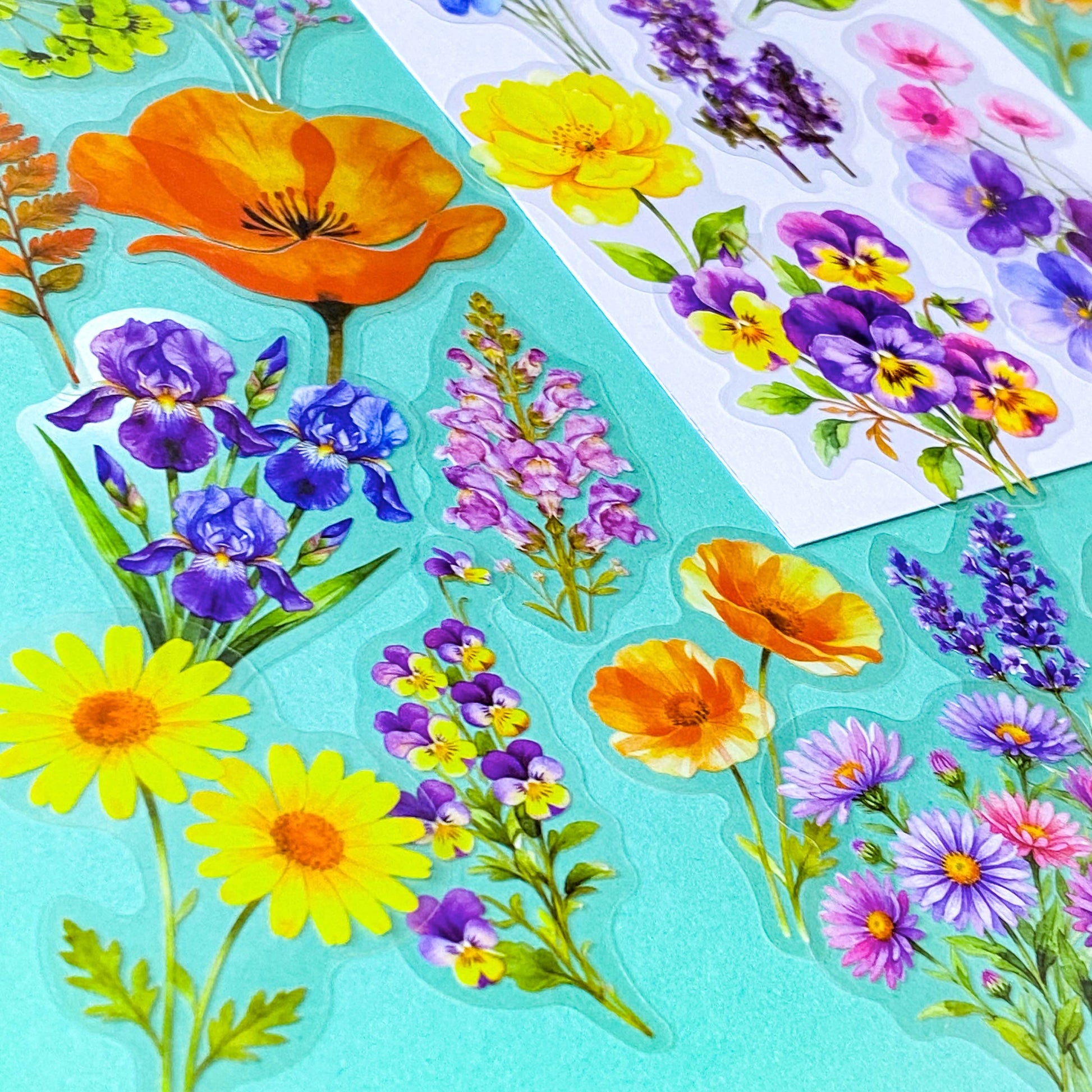 pack of 50 large PET transparent stickers of botanical flowers featuring garden plants in a range of bright colours with daisy, pansy, tulip, iris, foxglove, hydrangea, poppy, lupin. uk stationery shop.