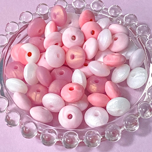 pink silicone bead beads bean abacus spacer spacers 12mm disc uk cute kawaii craft supplies shop store pretty white pearl pearly metallic lustre marble marbled patterned blend set bundle mix 10 