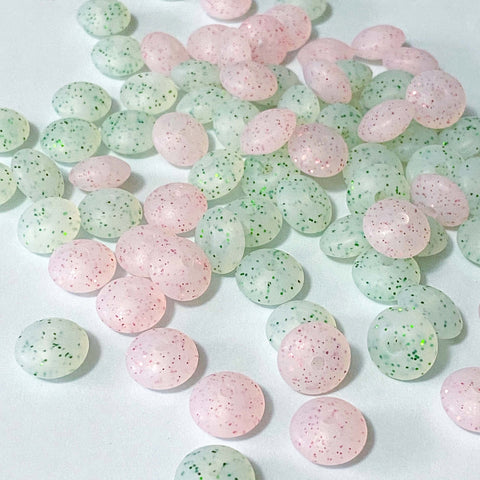 glitter glittery sparkly silicone bead beads bean abacus spacer spacers 12mm by 7mm pale pink light green craft supplies shop store uk cute kawaii make beaded pen pens jewellery