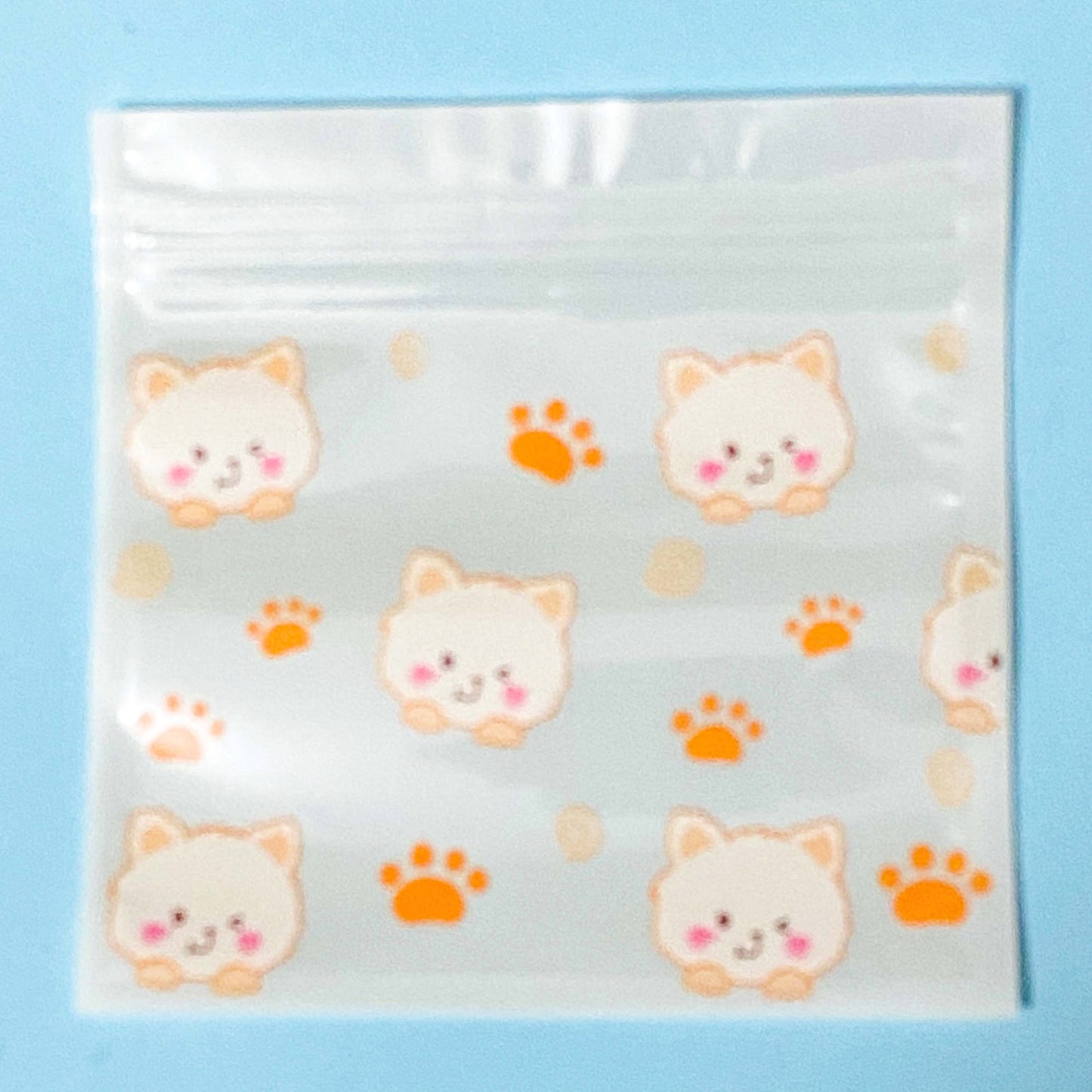 Clear plastic resealable bag with cute cat illustrations on a light blue background
