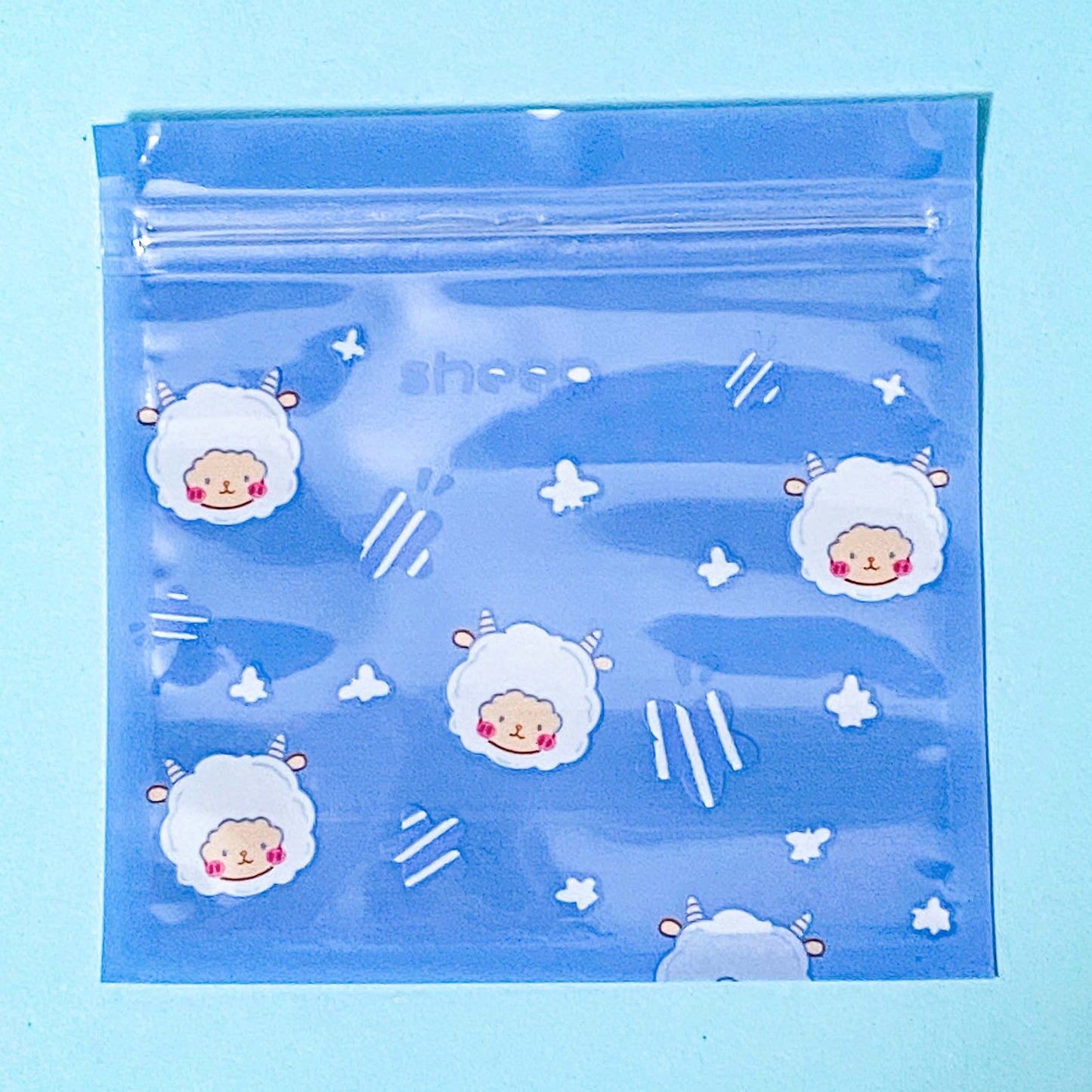 spring sheep re-sealable plastic bag on a blue background