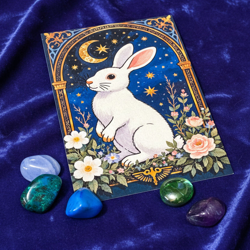 woodland rabbit ornate dark art card or postcard on a blue background