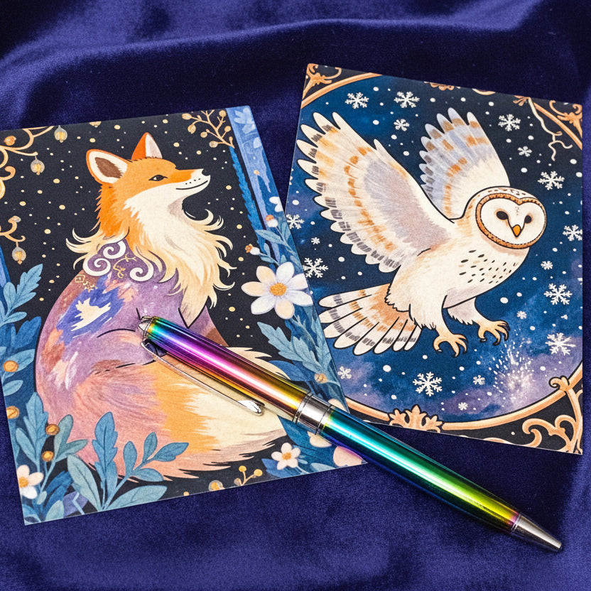 woodland and mythical animal art postcards set of 8 on a blue background