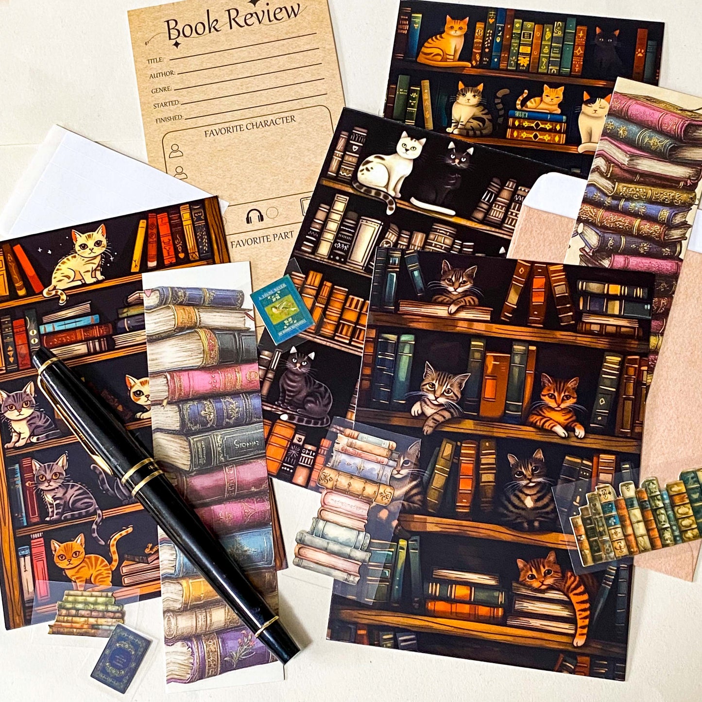 vintage book lover stationery set with cat library postcards, bookmarks, kraft book review card and book themed stickers arranged on kraft envelopes