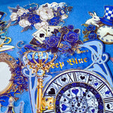 large blue alice in wonderland laser holo holographic plastic stickers featuring white rabbit, alice, clocks, teacups and fantasy illustrations
