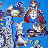 large blue alice in wonderland laser holo holographic plastic stickers featuring white rabbit, alice, clocks, teacups and fantasy illustrations