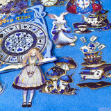 large blue alice in wonderland laser holo holographic plastic stickers featuring white rabbit, alice, clocks, teacups and fantasy illustrations