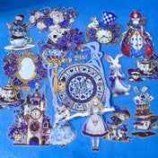 large blue alice in wonderland laser holo holographic plastic stickers featuring white rabbit, alice, clocks, teacups and fantasy illustrations