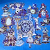 large blue alice in wonderland laser holo holographic plastic stickers featuring white rabbit, alice, clocks, teacups and fantasy illustrations