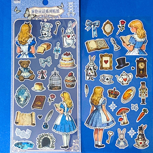 alice's adventures in wonderland matte sticker pack with two distinctive large clear decorative sheets featuring Alice, White rabbit, teacups, cakes, books, mushrooms and wonderland inspired illustrations. uk stationery shop.