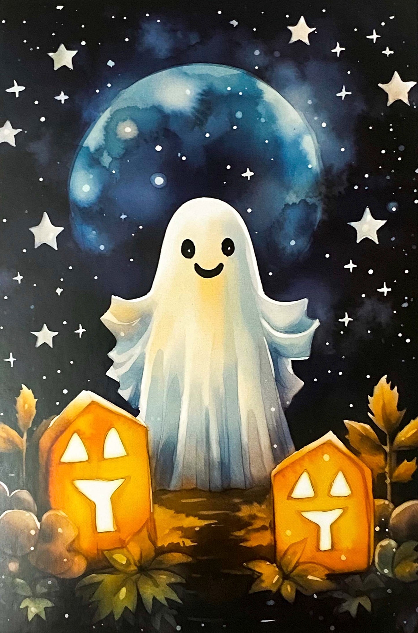 magic magical kawaii cute colourful bright vivid postcard postcards individual single card cards post beautiful uk stationery shop halloween spooky pumpkin pumpkins witch witches bat bats haunted house lantern lights orange blue special