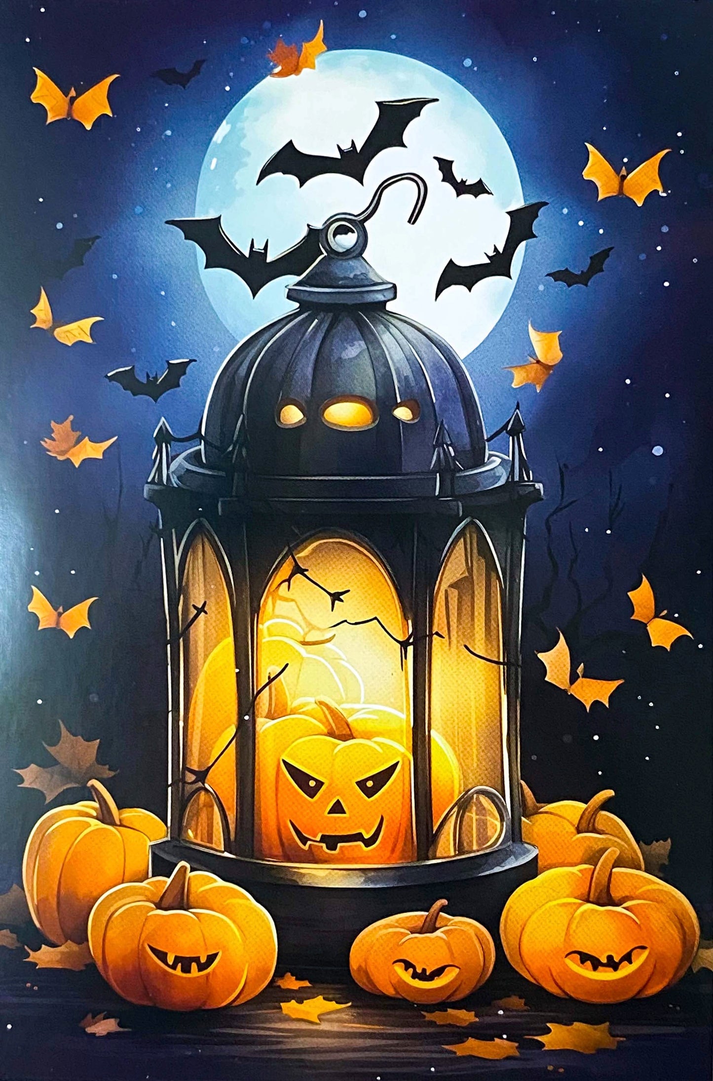 magic magical kawaii cute colourful bright vivid postcard postcards individual single card cards post beautiful uk stationery shop halloween spooky pumpkin pumpkins witch witches bat bats haunted house lantern lights orange blue special
