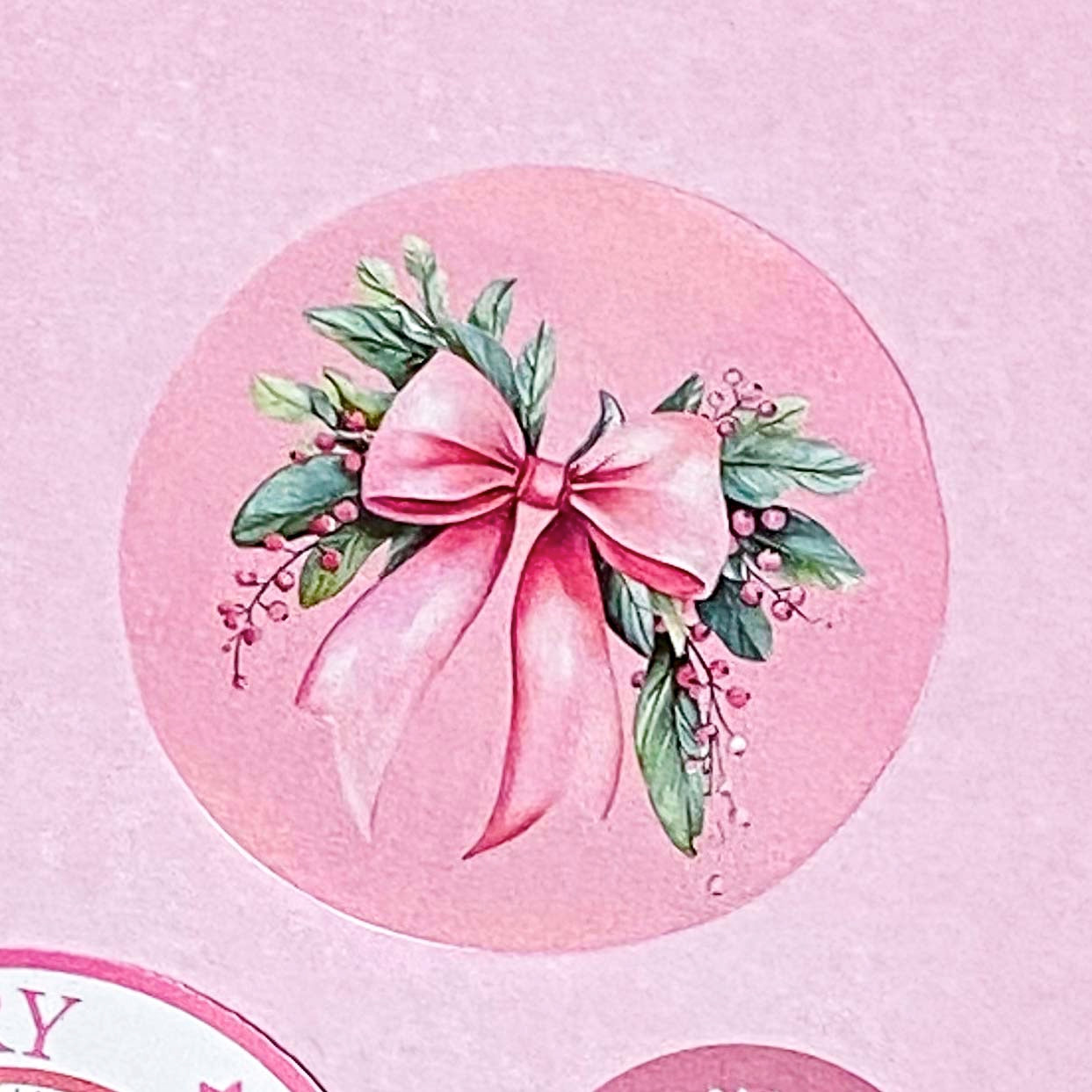 Very Large Round PINK CHRISTMAS STICKER SEALS 45mm BOWS OR SANTA
