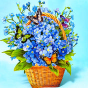 3d pop up card of a basket of blue forget me nots and butterflies on a blue background
