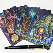 set of 5 enchanted woodland worlds postcards or art cards with magical forest scenes and special hidden places including a witches store cupboard with potions