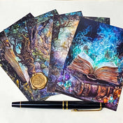 set of 5 magical witchy postcards or art cards with mystical woodland scenes including large spell book with stars 