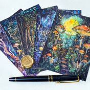 set of 5 magical witchy postcards or art cards with mystical woodland scenes including a mushroom forest and an enchanted wood