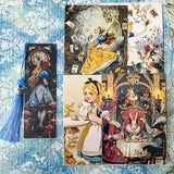 midnight blue wonderland gift set with alice in wonderland wooden tassel bookmark, postcards and canvas pouch, dark blue letterbox gifts