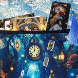 midnight blue wonderland gift set with alice in wonderland wooden tassel bookmark, postcards and canvas pouch, dark blue letterbox gifts
