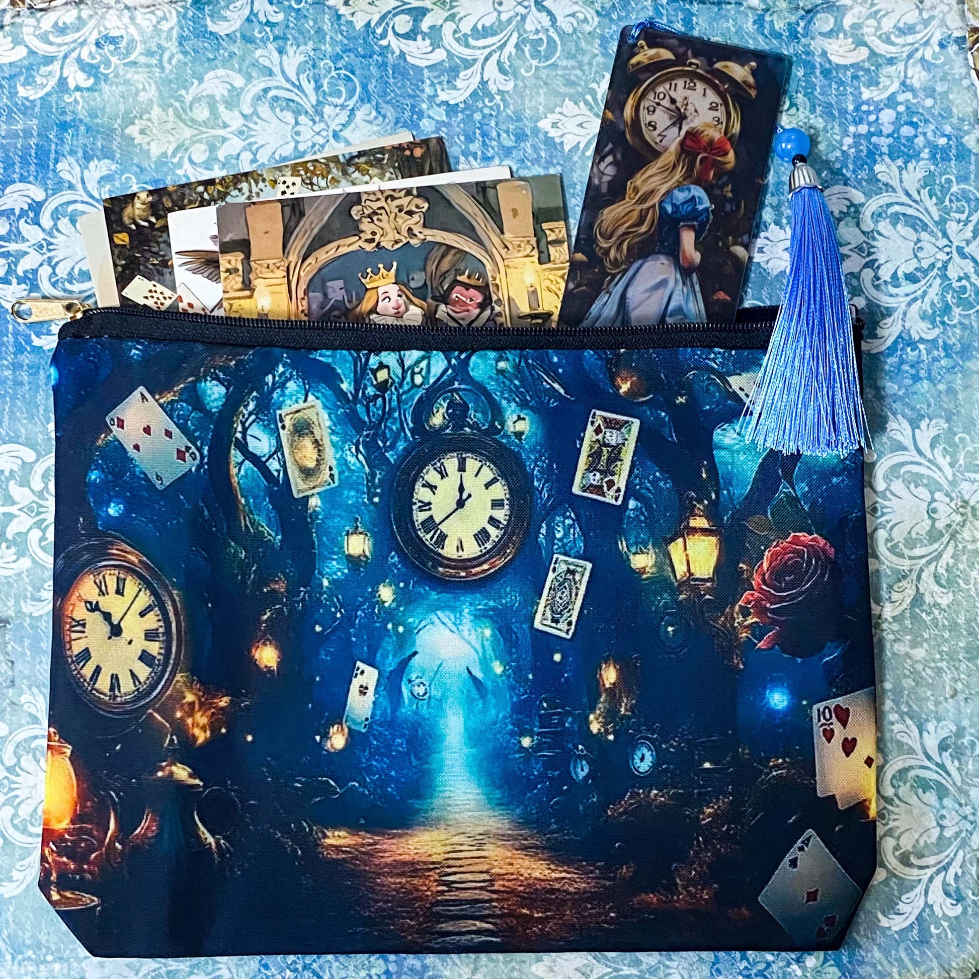 midnight blue wonderland gift set with alice in wonderland wooden tassel bookmark, postcards and canvas pouch, dark blue letterbox gifts