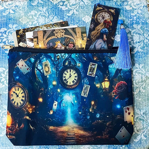midnight blue wonderland gift set with alice in wonderland wooden tassel bookmark, postcards and canvas pouch, dark blue letterbox gifts
