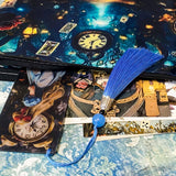 midnight blue wonderland gift set with alice in wonderland wooden tassel bookmark, postcards and canvas pouch, dark blue letterbox gifts