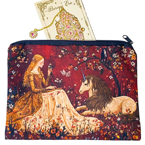 medieval lady and unicorn uk letterbox gift set with ornate gold and pink metal bookmark and tapestry style pouch in deep red tones