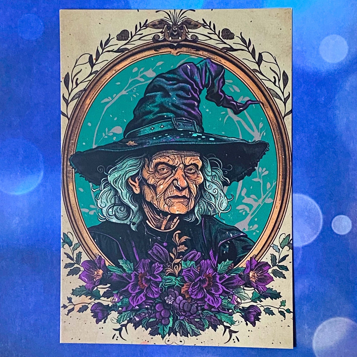 spooky witchcraft witch witches magic magical bold colours vintage sepia postcard postcards post card cards uk cute kawaii halloween stationery individual planner supplies addict purple magenta pink teal blue green black brown bright art artwork cat black cats broomstick haunted house occult spider's web webs cobweb potion potions hat hats book crow raven crows bird birds vintage style illustration