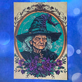 spooky witchcraft witch witches magic magical bold colours vintage sepia postcard postcards post card cards uk cute kawaii halloween stationery individual planner supplies addict purple magenta pink teal blue green black brown bright art artwork cat black cats broomstick haunted house occult spider's web webs cobweb potion potions hat hats book crow raven crows bird birds vintage style illustration