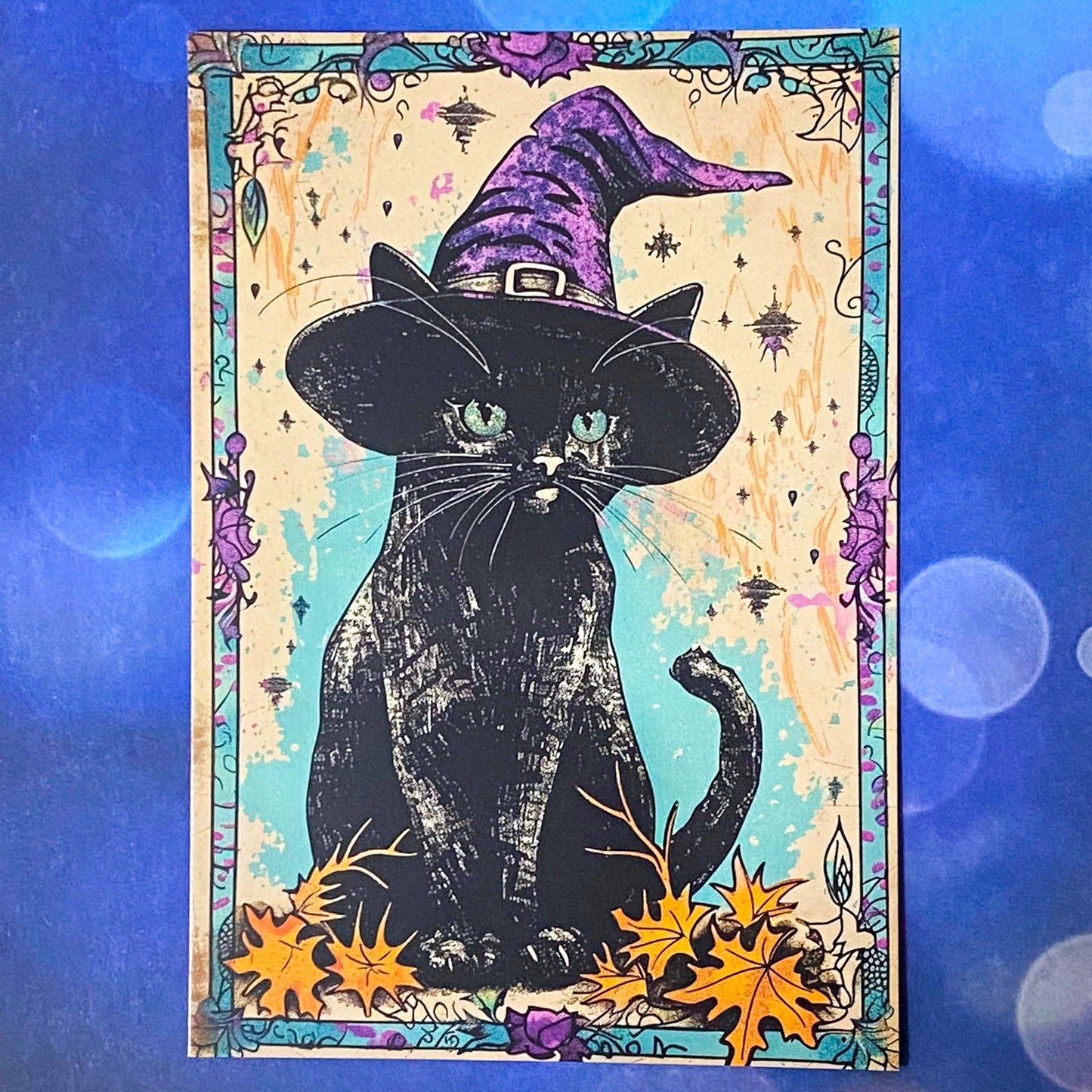 spooky witchcraft witch witches magic magical bold colours vintage sepia postcard postcards post card cards uk cute kawaii halloween stationery individual planner supplies addict purple magenta pink teal blue green black brown bright art artwork cat black cats broomstick haunted house occult spider's web webs cobweb potion potions hat hats book crow raven crows bird birds