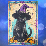 spooky witchcraft witch witches magic magical bold colours vintage sepia postcard postcards post card cards uk cute kawaii halloween stationery individual planner supplies addict purple magenta pink teal blue green black brown bright art artwork cat black cats broomstick haunted house occult spider's web webs cobweb potion potions hat hats book crow raven crows bird birds