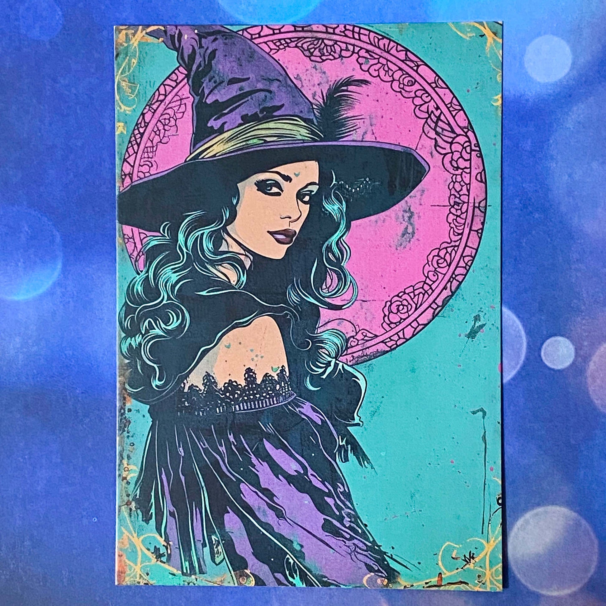 spooky witchcraft witch witches magic magical bold colours vintage sepia postcard postcards post card cards uk cute kawaii halloween stationery individual planner supplies addict purple magenta pink teal blue green black brown bright art artwork cat black cats broomstick haunted house occult spider's web webs cobweb potion potions hat hats book crow raven crows bird birds vintage style illustration