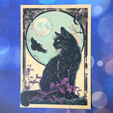 spooky witchcraft witch witches magic magical bold colours vintage sepia postcard postcards post card cards uk cute kawaii halloween stationery individual planner supplies addict purple magenta pink teal blue green black brown bright art artwork cat black cats broomstick haunted house occult spider's web webs cobweb potion potions hat hats book crow raven crows bird birds vintage style illustration