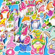 Collection of colorful spring gnome-themed laptop stickers on a blue background