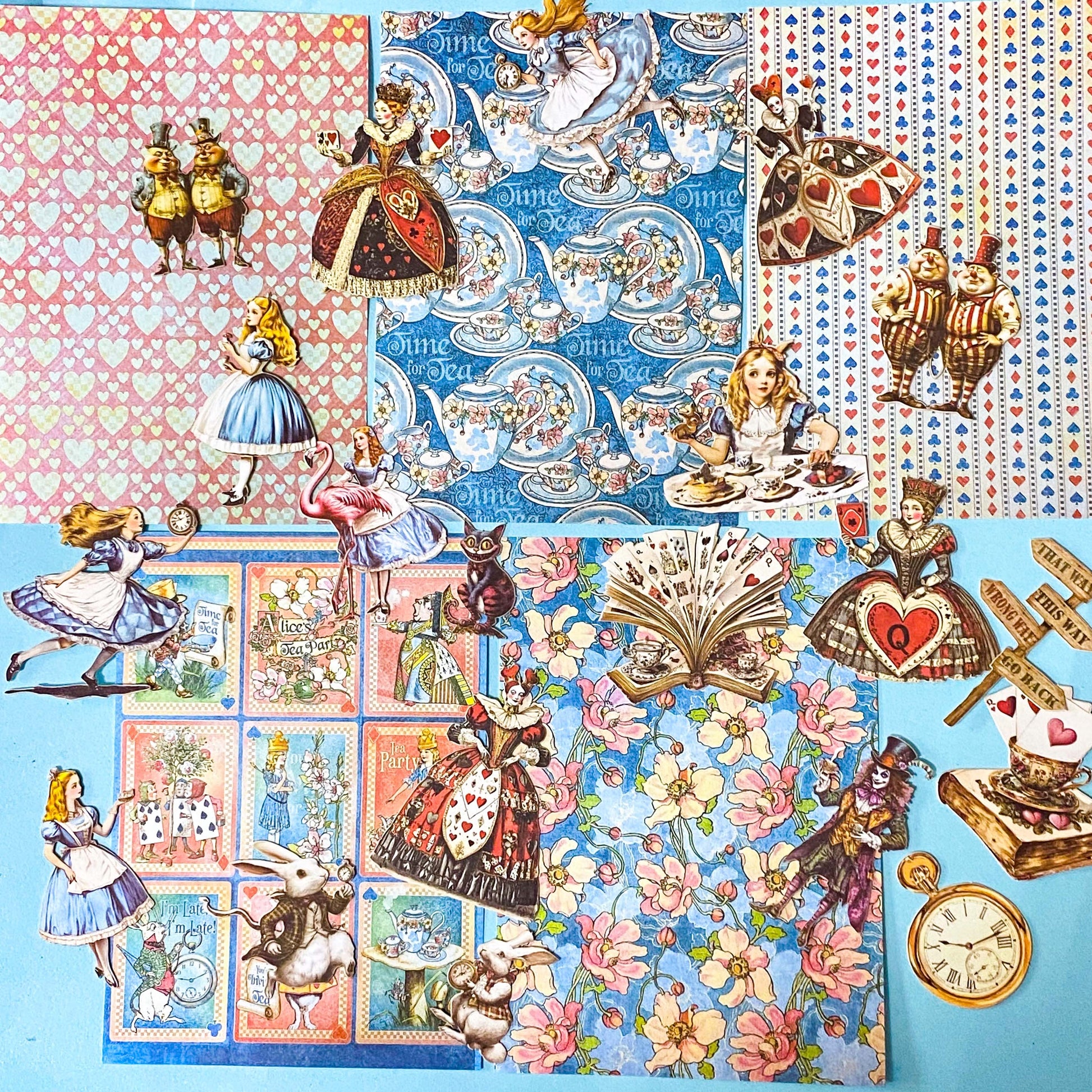 alice in wonderland ephemera sticker pack with scrapbook papers, die cut card stickers in a tea party theme with the write rabbit, queen of hearts, alice and cheshire cat decals