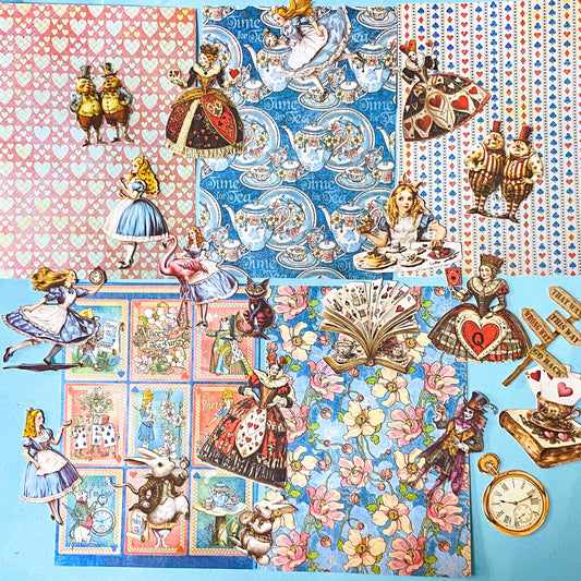 alice in wonderland ephemera sticker pack with scrapbook papers, die cut card stickers in a tea party theme with the write rabbit, queen of hearts, alice and cheshire cat decals