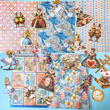 alice in wonderland ephemera sticker pack with scrapbook papers, die cut card stickers in a tea party theme with the write rabbit, queen of hearts, alice and cheshire cat decals