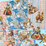 alice in wonderland ephemera sticker pack with scrapbook papers, die cut card stickers in a tea party theme with the write rabbit, queen of hearts, alice and cheshire cat decals