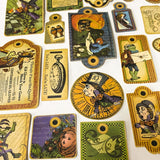 vintage halloween alice in wonderland label stickers set with 54 pieces, mixed tag shapes, clocks, characters and autumn colours on a cream background