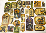 mixed sized vintage label stickers inspired by Alice in Wonderland, including typography, characters and decorative tag shapes in sepia and autumn colours