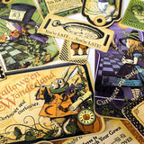 close up of Alice in Wonderland Halloween ephemera stickers featuring mad hatter, clock, pumpkin and vintage tag designs