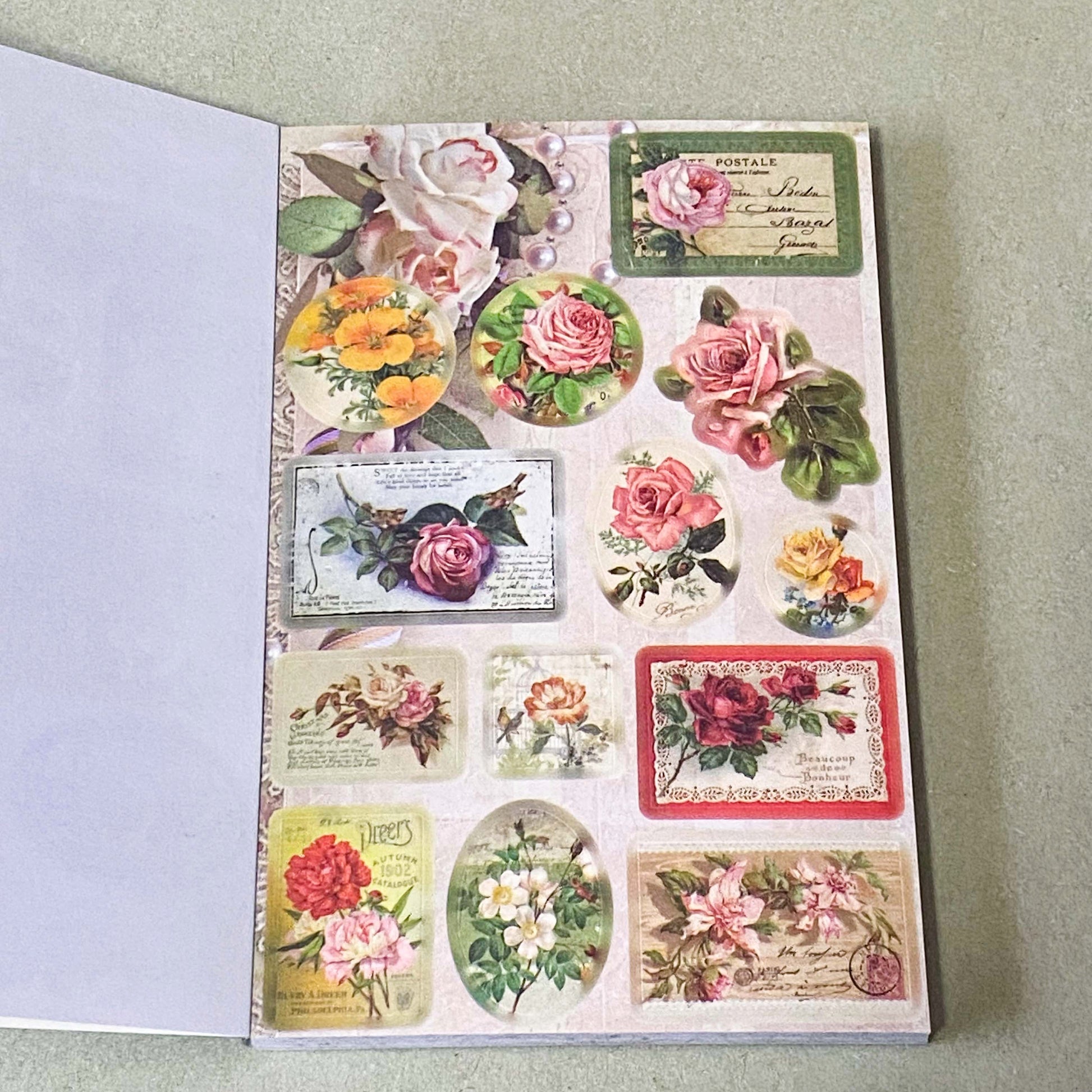 vintage old carnival tour sticker book featuring botanical roses, mushrooms, woodland animals, antique ephemera, correspondence stickers, fruit labels, Parisian motifs and cottage garden illustrations. Book of 30 pages of matte paper stickers.