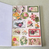 vintage old carnival tour sticker book featuring botanical roses, mushrooms, woodland animals, antique ephemera, correspondence stickers, fruit labels, Parisian motifs and cottage garden illustrations. Book of 30 pages of matte paper stickers.
