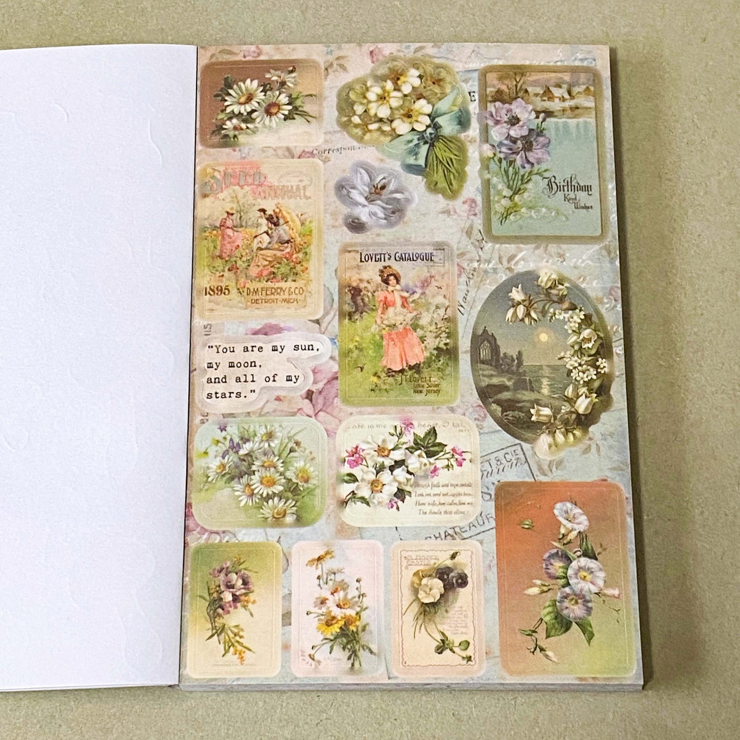 vintage old carnival tour sticker book featuring botanical roses, mushrooms, woodland animals, antique ephemera, correspondence stickers, fruit labels, Parisian motifs and cottage garden illustrations. Book of 30 pages of matte paper stickers.