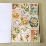 vintage old carnival tour sticker book featuring botanical roses, mushrooms, woodland animals, antique ephemera, correspondence stickers, fruit labels, Parisian motifs and cottage garden illustrations. Book of 30 pages of matte paper stickers.