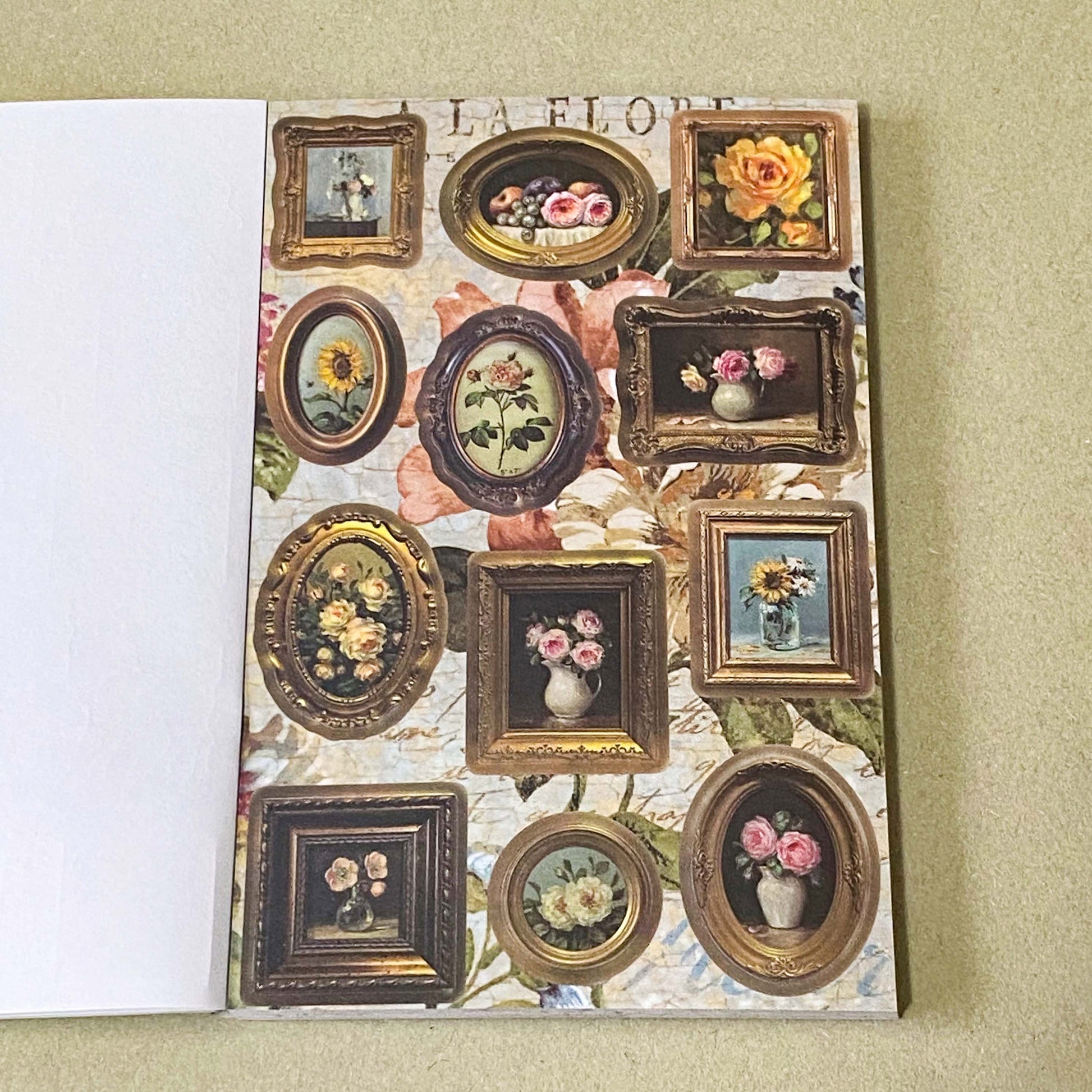 vintage old carnival tour sticker book featuring botanical roses, mushrooms, woodland animals, antique ephemera, correspondence stickers, fruit labels, Parisian motifs and cottage garden illustrations. Book of 30 pages of matte paper stickers.