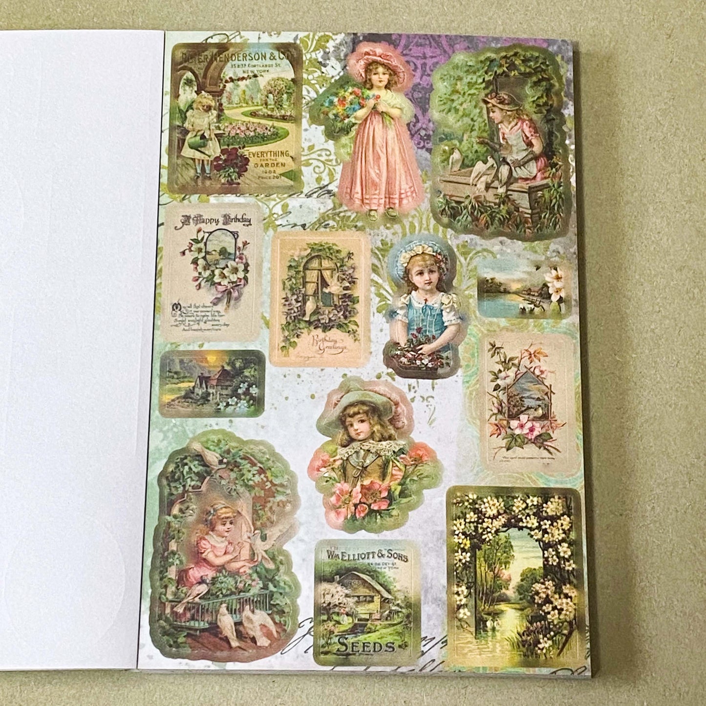 vintage old carnival tour sticker book featuring botanical roses, mushrooms, woodland animals, antique ephemera, correspondence stickers, fruit labels, Parisian motifs and cottage garden illustrations. Book of 30 pages of matte paper stickers.